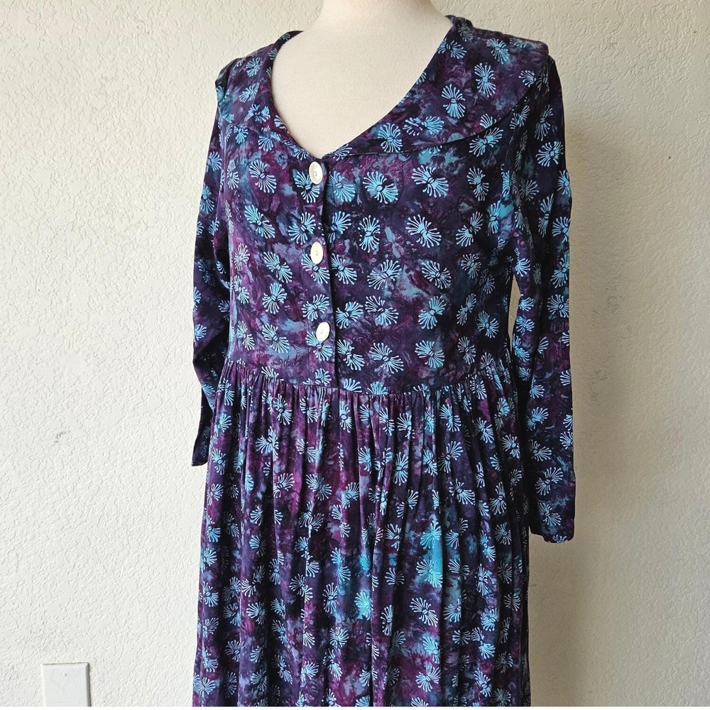 Vintage Bali Art Nomadic Traders Purple Teal Batik Rayon Maxi Dress Small